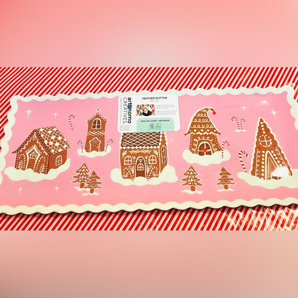 Christmas Pink Gingerbread Village Melamine Serving Tray Whimsical - Picture 2 of 12